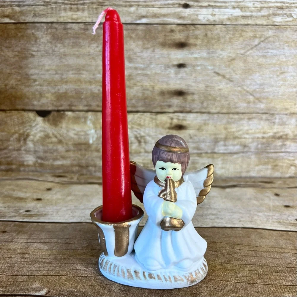 Vintage‎ Set of 4 Ceramic Musical Angel Candle Holders with Red Taper Candles